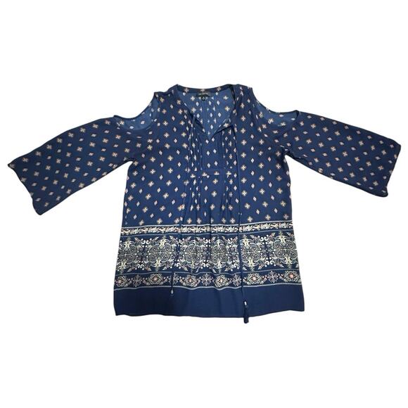 The Limited XS Navy Blue Cold Shoulder Blouse Print Tunic Festival Peasant Boho - Picture 1 of 7